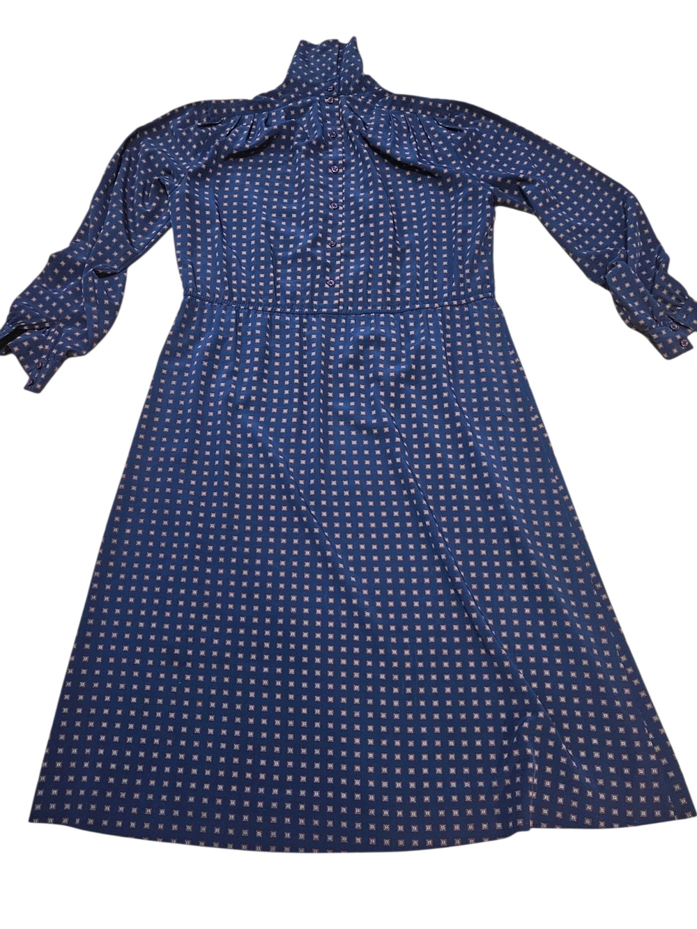 Jos. A. Bank Navy Long Sleeve Printed Midi Dress Size 10 VINTAGE 1980's